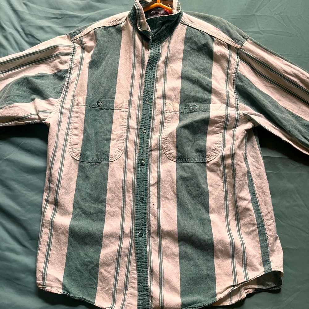 Striped Sea Green and White Button-Up Shirt